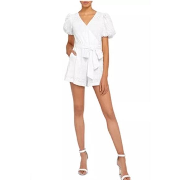 Alice and Olivia Paulina Puff Sleeve Eyelet Romper 6 - Picture 1 of 9